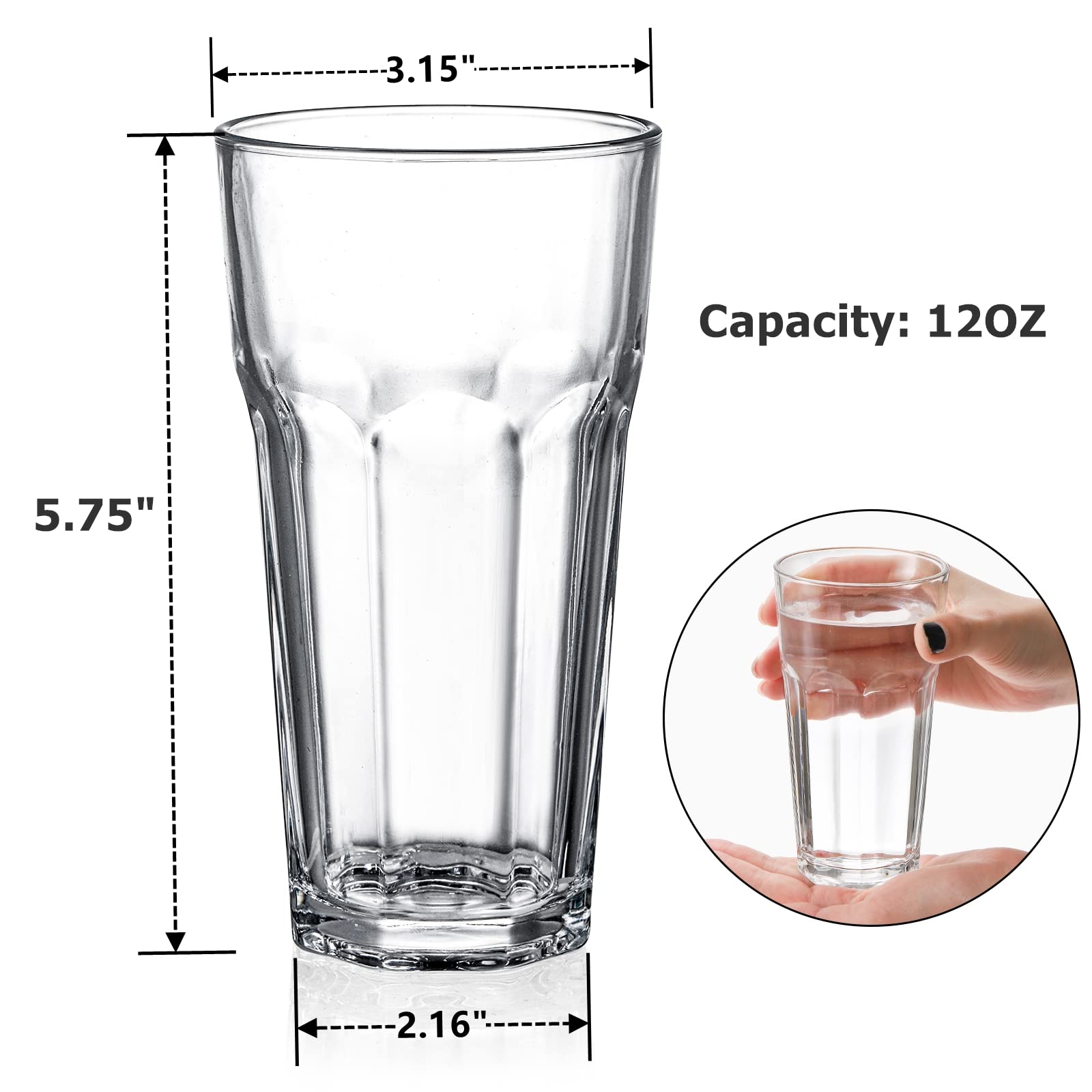 Yopay Set of 8 Highball Drinking Glasses, 12oz Lead-Free Tempered Water Glasses Thick Heavy Base, Clear Iced Hot Tea Glassware for Cocktail, Juice, Milkshake, Coke, Soda Beer Tumbler Cup