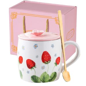 keyigou 13.5oz cute strawberry ceramic coffee mug with lid gold spoon tea cup cute mugs for women friend colleague boss gifts