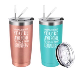 qtencas 2 pack thank you gifts for women, you're awesome stainless steel insulated travel tumbler, graduation appreciation gifts for women her friend teacher mom coworker sister(20oz, rose gold& mint)