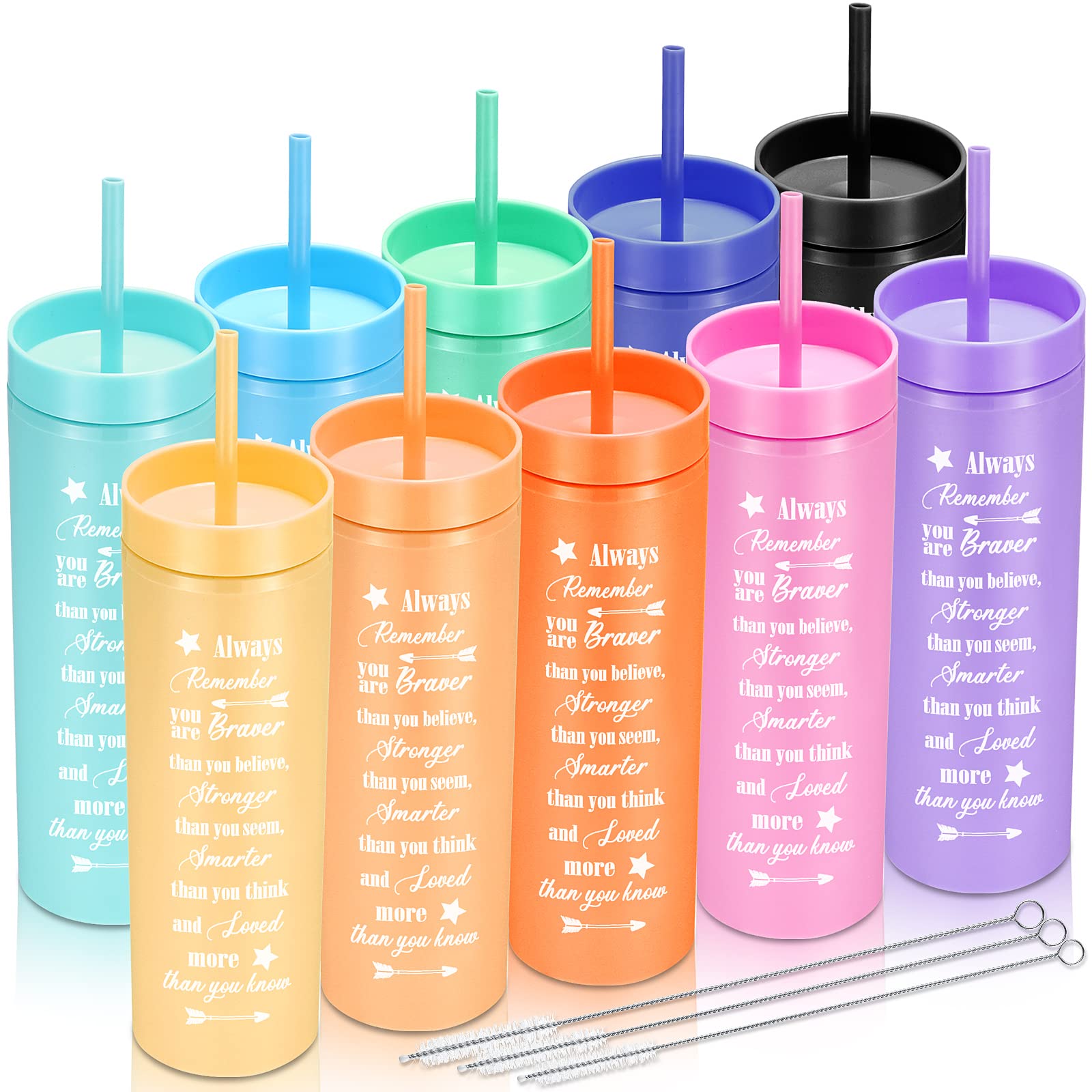 Meanplan 10 Pieces Inspirational Skinny Tumblers Always Remember You Are Braver Than You Believe, Inspirational Gifts for Teachers Friend Birthday, 16 oz Colored Double Walled Plastic Cup with Straw