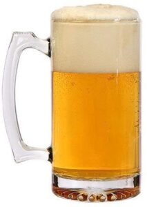 vamb llc large glass beer mug freezer safe, heavy beer stein with handle & 2 stainless steel ice cubes set for men, 26 oz mug