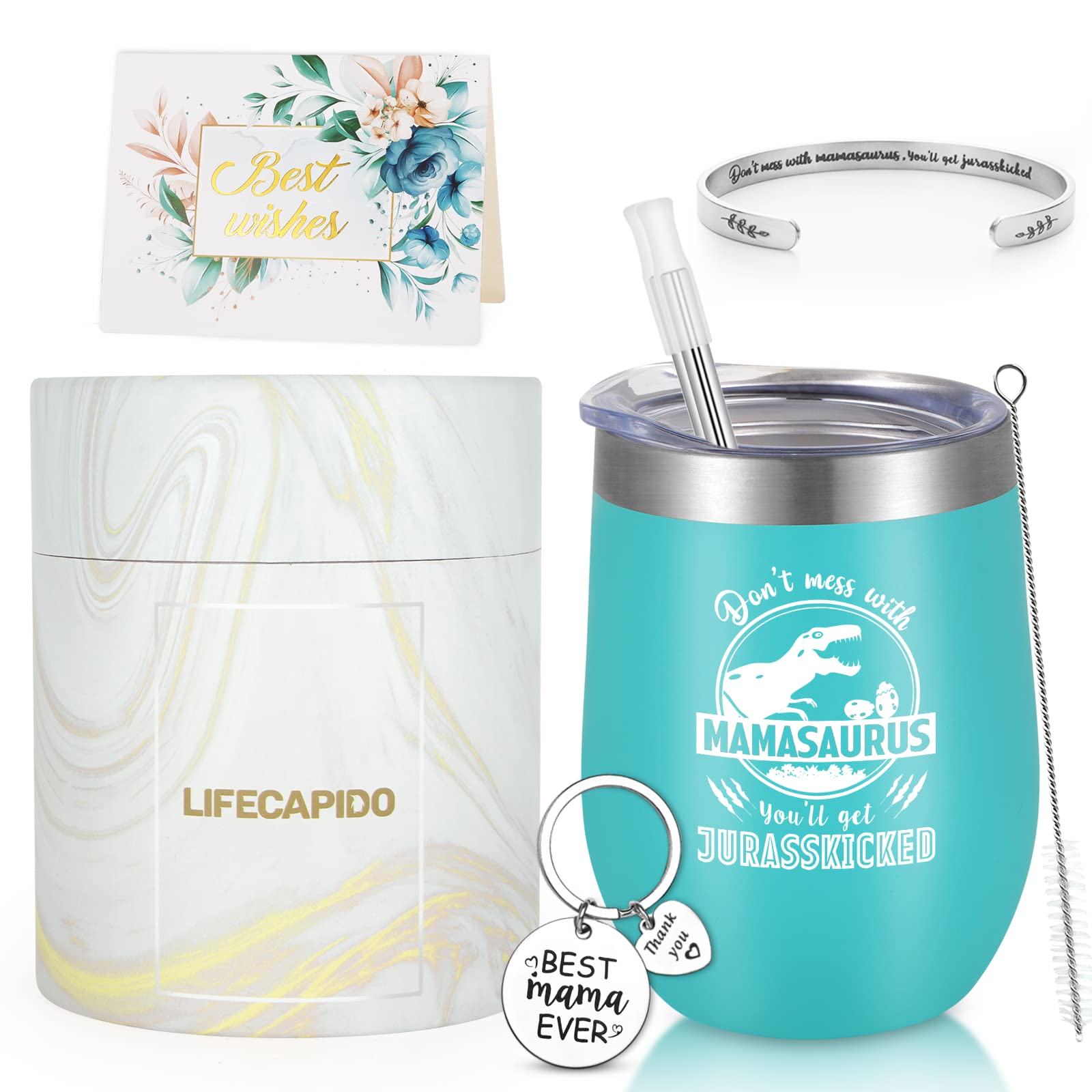 Lifecapido Mom Gifts - Don't Mess with Mama Saurus Insulated Wine Tumbler, Mamasaurus Wine Tumbler with Lid Straw, Mother's Day Birthday Christmas Gifts for Mom Mother New Mom Stepmom, 12oz Aqua Blue