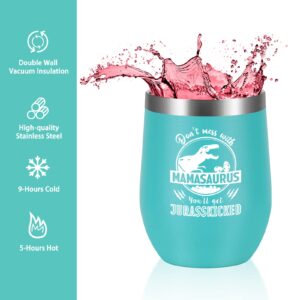 Lifecapido Mom Gifts - Don't Mess with Mama Saurus Insulated Wine Tumbler, Mamasaurus Wine Tumbler with Lid Straw, Mother's Day Birthday Christmas Gifts for Mom Mother New Mom Stepmom, 12oz Aqua Blue