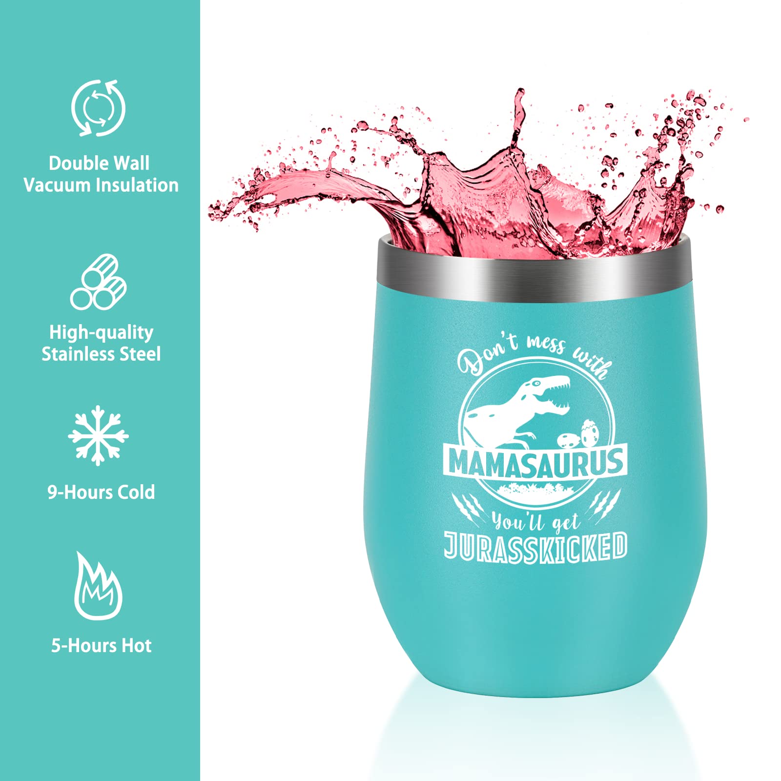 Lifecapido Mom Gifts - Don't Mess with Mama Saurus Insulated Wine Tumbler, Mamasaurus Wine Tumbler with Lid Straw, Mother's Day Birthday Christmas Gifts for Mom Mother New Mom Stepmom, 12oz Aqua Blue