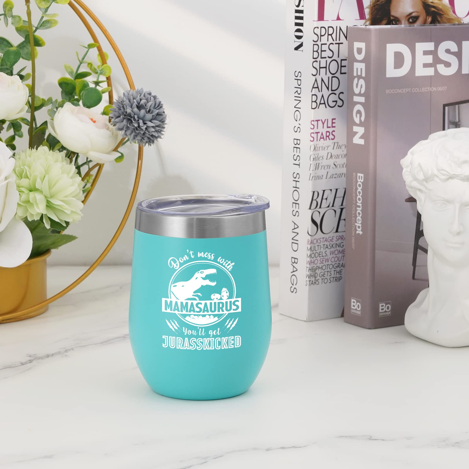 Lifecapido Mom Gifts - Don't Mess with Mama Saurus Insulated Wine Tumbler, Mamasaurus Wine Tumbler with Lid Straw, Mother's Day Birthday Christmas Gifts for Mom Mother New Mom Stepmom, 12oz Aqua Blue