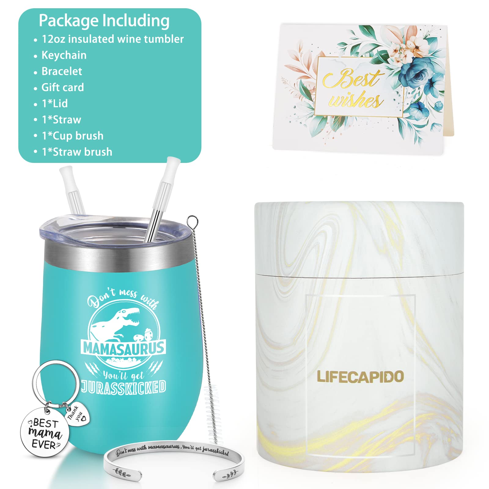 Lifecapido Mom Gifts - Don't Mess with Mama Saurus Insulated Wine Tumbler, Mamasaurus Wine Tumbler with Lid Straw, Mother's Day Birthday Christmas Gifts for Mom Mother New Mom Stepmom, 12oz Aqua Blue