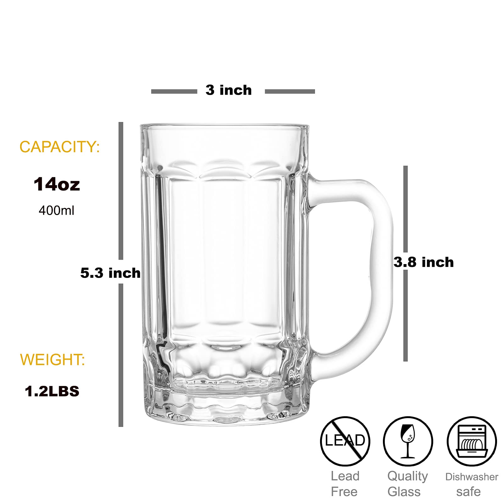 COKTIK 8 Pack Heavy Large Beer Glasses with Handle - 14 Ounce Glass Steins, Classic Beer Mug glasses Set