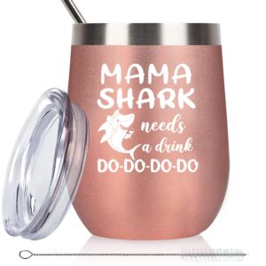 selpont om daughter son, mommy birthday gifts for mom, funny mothers day gifts for wife momma new mama shark needs wine tumbler with sayings lid straw mom gifts christmas 12oz rose gold