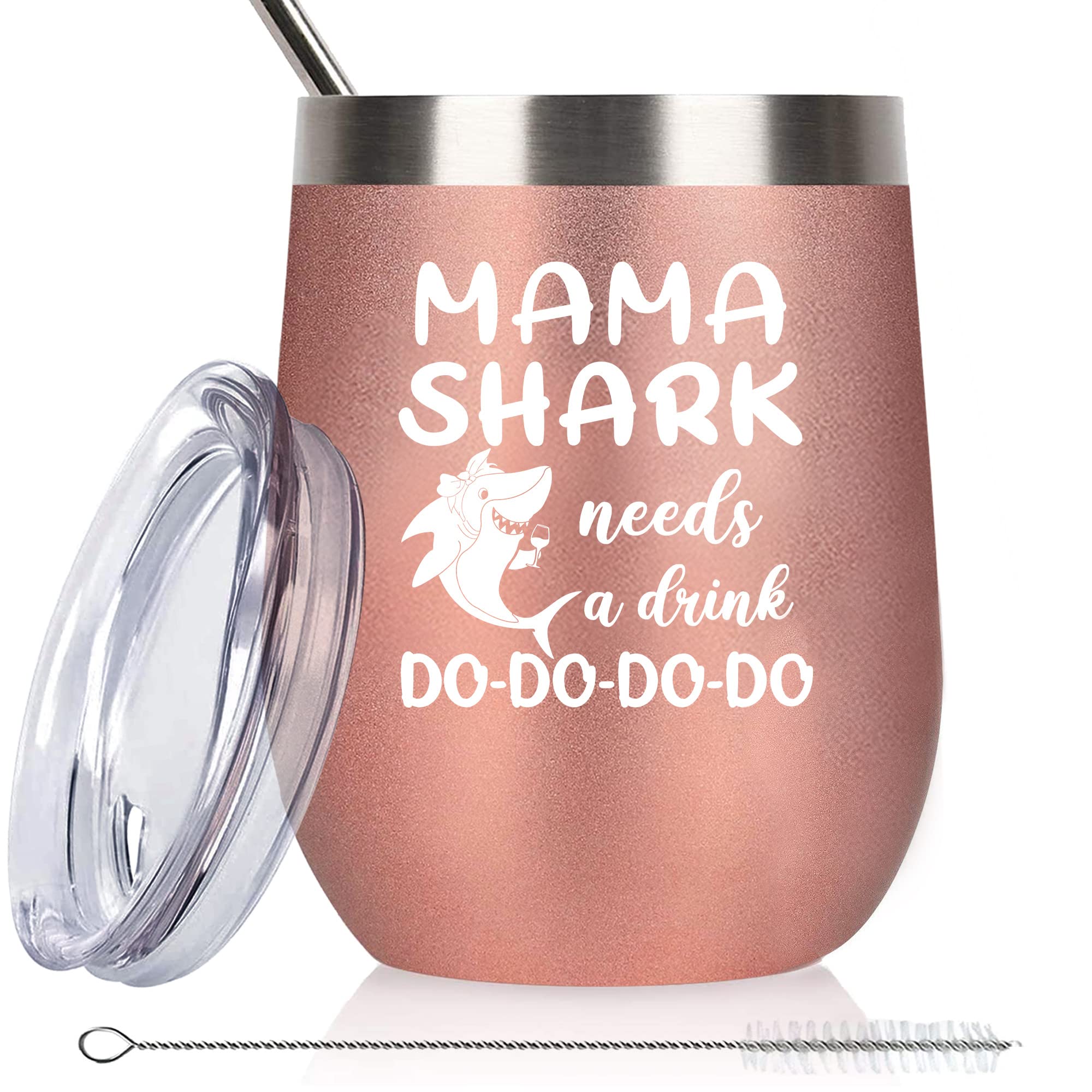 SELPONT om Daughter Son, Mommy Birthday Gifts for Mom, Funny Mothers Day Gifts for Wife Momma New Mama Shark Needs Wine Tumbler with Sayings Lid Straw Mom Gifts Christmas 12oz Rose Gold