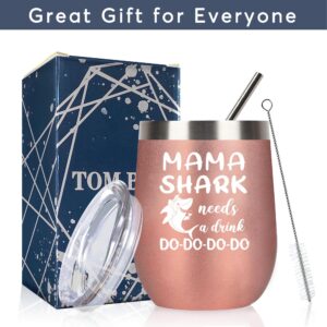 SELPONT om Daughter Son, Mommy Birthday Gifts for Mom, Funny Mothers Day Gifts for Wife Momma New Mama Shark Needs Wine Tumbler with Sayings Lid Straw Mom Gifts Christmas 12oz Rose Gold