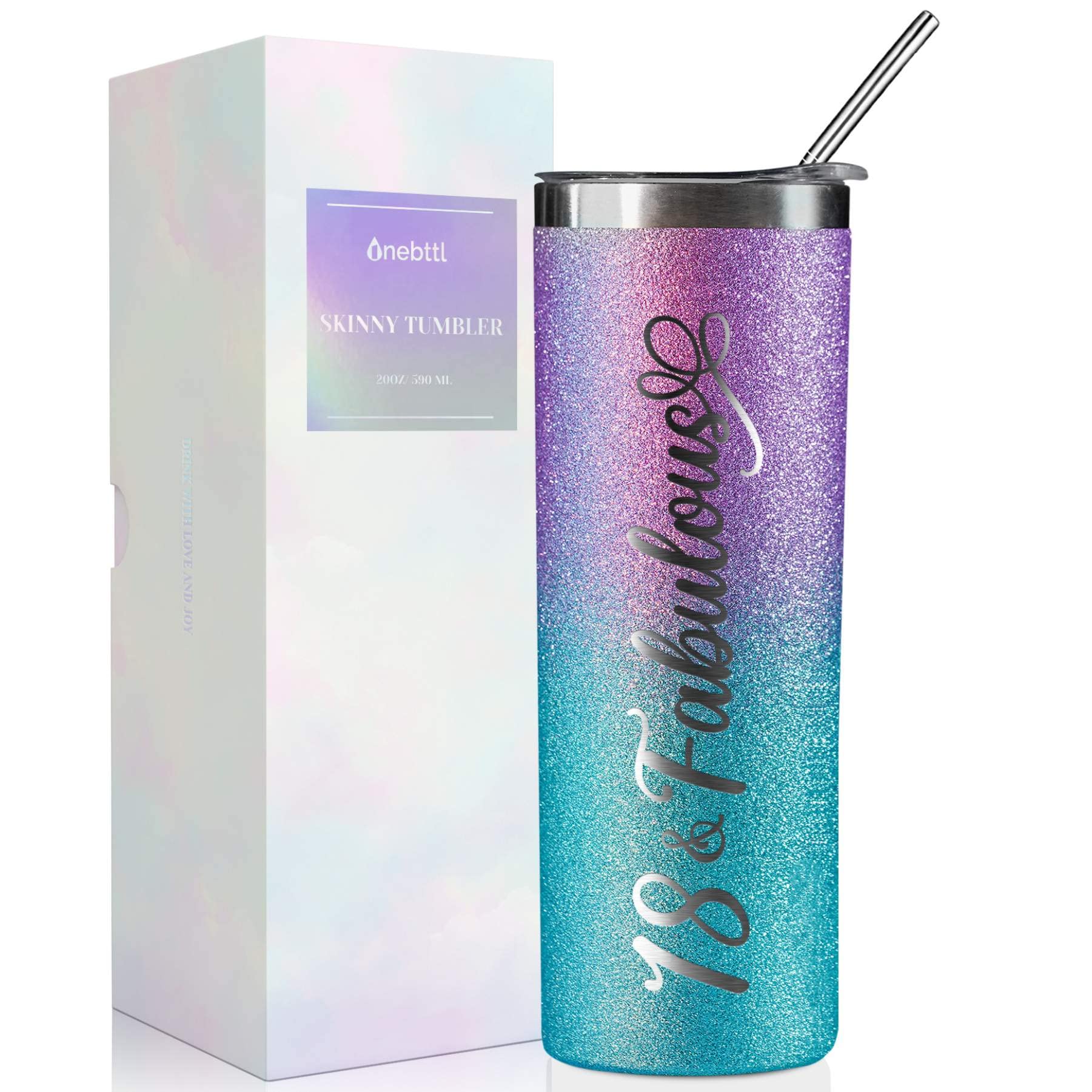 Onebttl 18th Birthday Gifts for Girls, Women, Her - 18 and Fabulous -20oz/590ml Stainless Steel Insulated Glitter Tumbler with Straw, Lid, Message Card - (Purple-Blue Gradient)