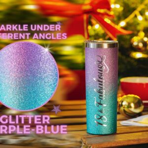 Onebttl 18th Birthday Gifts for Girls, Women, Her - 18 and Fabulous -20oz/590ml Stainless Steel Insulated Glitter Tumbler with Straw, Lid, Message Card - (Purple-Blue Gradient)