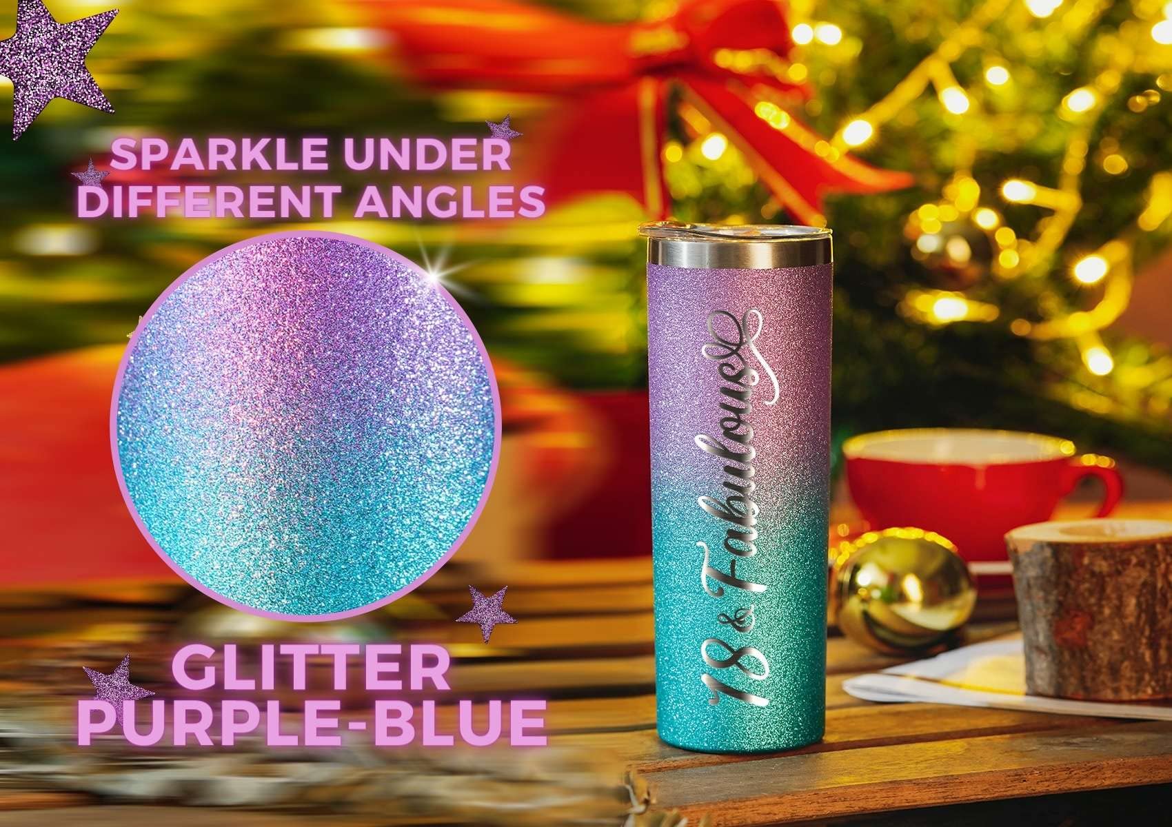 Onebttl 18th Birthday Gifts for Girls, Women, Her - 18 and Fabulous -20oz/590ml Stainless Steel Insulated Glitter Tumbler with Straw, Lid, Message Card - (Purple-Blue Gradient)