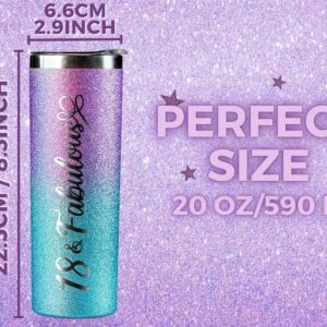 Onebttl 18th Birthday Gifts for Girls, Women, Her - 18 and Fabulous -20oz/590ml Stainless Steel Insulated Glitter Tumbler with Straw, Lid, Message Card - (Purple-Blue Gradient)