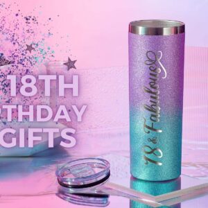 Onebttl 18th Birthday Gifts for Girls, Women, Her - 18 and Fabulous -20oz/590ml Stainless Steel Insulated Glitter Tumbler with Straw, Lid, Message Card - (Purple-Blue Gradient)