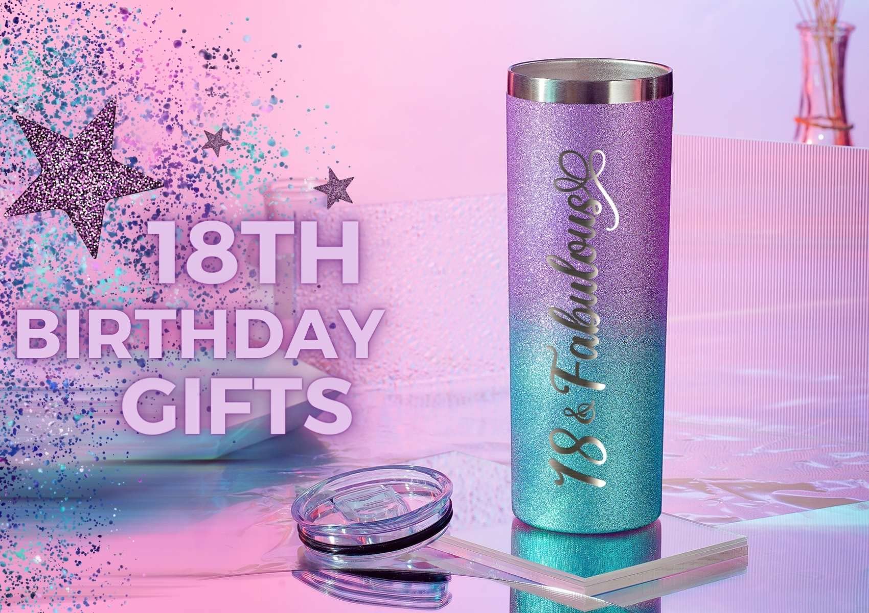 Onebttl 18th Birthday Gifts for Girls, Women, Her - 18 and Fabulous -20oz/590ml Stainless Steel Insulated Glitter Tumbler with Straw, Lid, Message Card - (Purple-Blue Gradient)