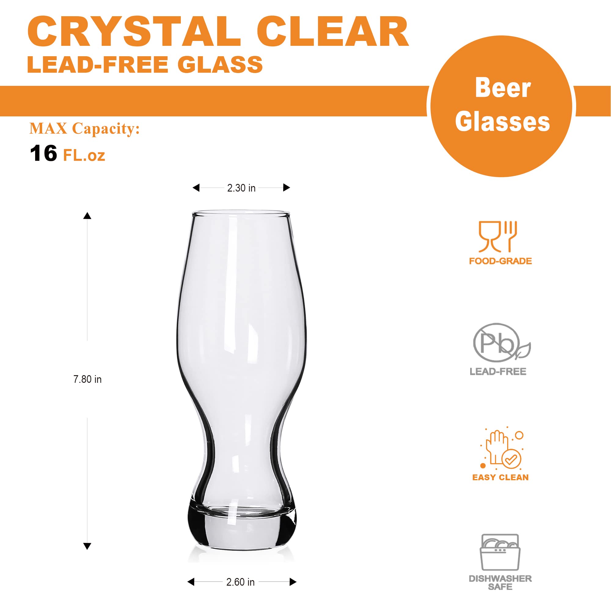 LUXU Craft Beer Glasses Set of 2 Professional IPA Glasses,Lead-Free Crystal Beer Pint Glass,Clear Pilsner Wheat Beer Glasses,Solid Glassware Beer Cup,Classic Beer Gifts for Lager,Ale,Water and Men