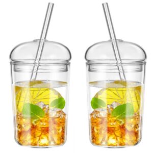 2 pcs set glass cups with lids and straws 16oz - coffee ice tea water boba tea smoothie cocktail reusable clear glass drinking cup with dome lid and glass straw - hot & cold dishwasher safe