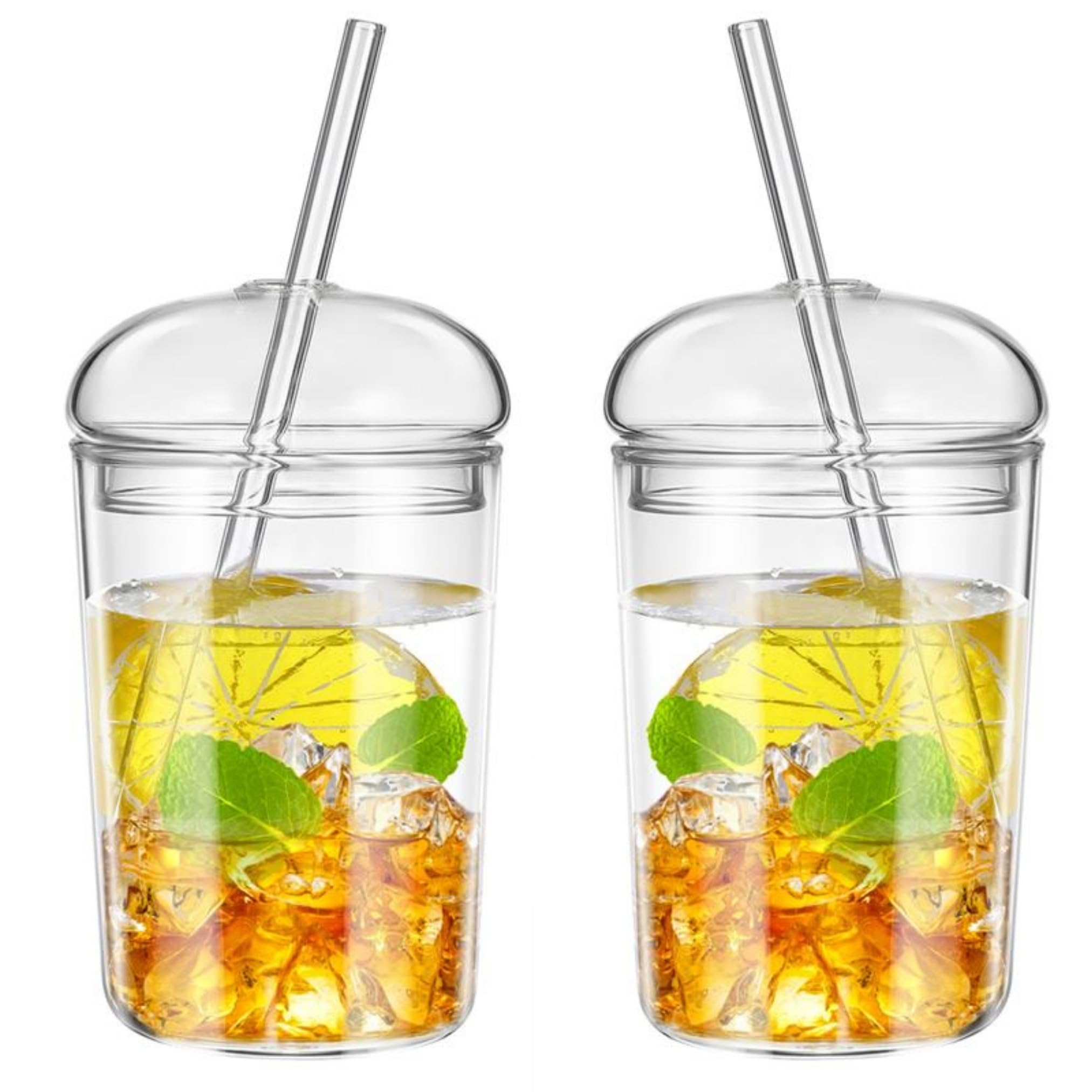 2 Pcs set Glass Cups with Lids and Straws 16oz - Coffee Ice Tea Water Boba Tea Smoothie Cocktail Reusable Clear Glass Drinking Cup with Dome Lid and Glass Straw - Hot & Cold Dishwasher safe