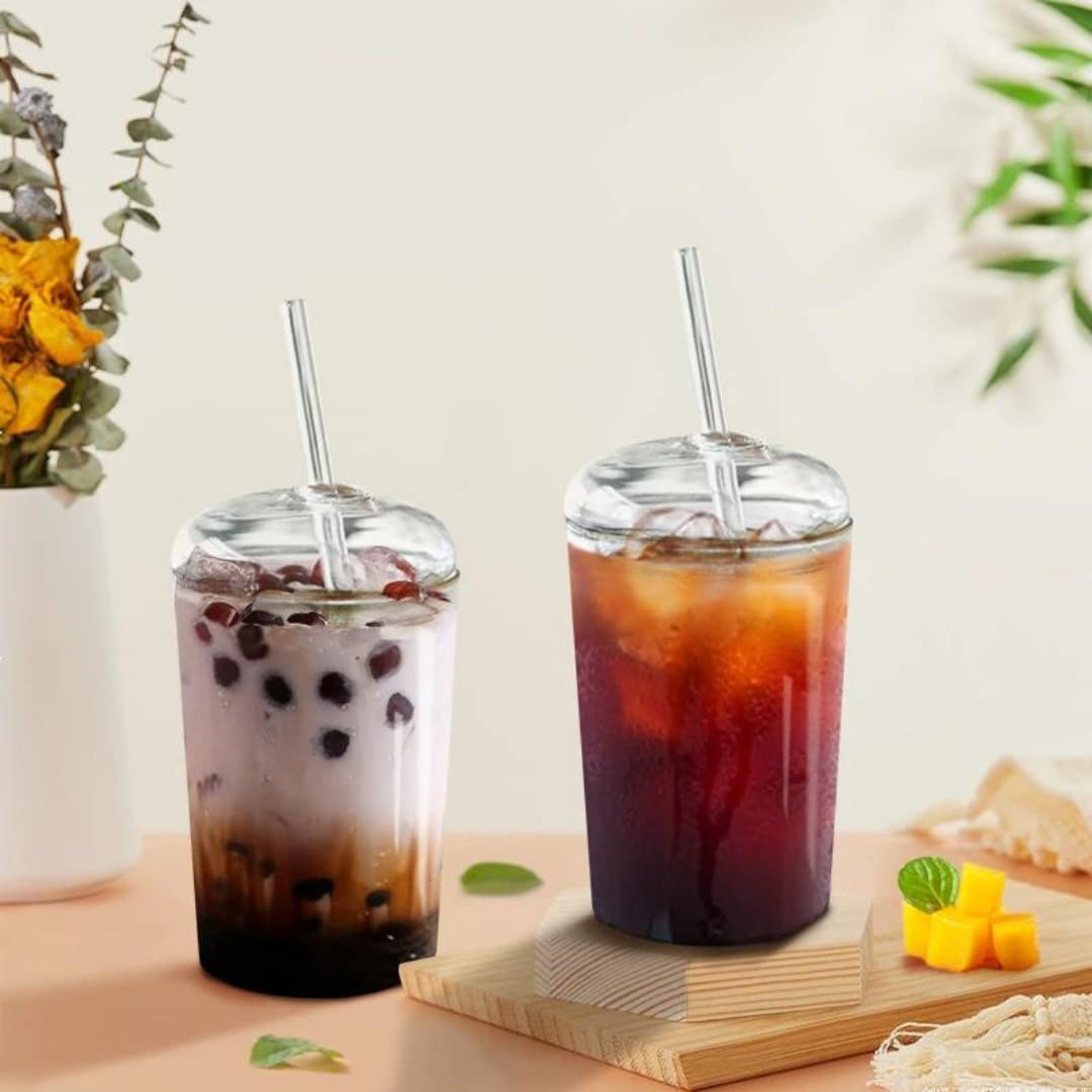 2 Pcs set Glass Cups with Lids and Straws 16oz - Coffee Ice Tea Water Boba Tea Smoothie Cocktail Reusable Clear Glass Drinking Cup with Dome Lid and Glass Straw - Hot & Cold Dishwasher safe