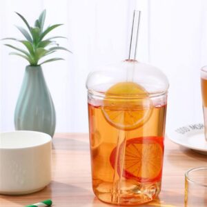 2 Pcs set Glass Cups with Lids and Straws 16oz - Coffee Ice Tea Water Boba Tea Smoothie Cocktail Reusable Clear Glass Drinking Cup with Dome Lid and Glass Straw - Hot & Cold Dishwasher safe