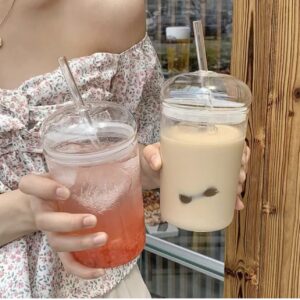 2 Pcs set Glass Cups with Lids and Straws 16oz - Coffee Ice Tea Water Boba Tea Smoothie Cocktail Reusable Clear Glass Drinking Cup with Dome Lid and Glass Straw - Hot & Cold Dishwasher safe