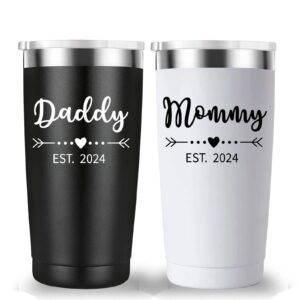 daddy and mommy est 2024 travel mug tumbler.new parents pregnancy gifts.fathers day mothers day birthday christmas gifts ideas for new mom dad.parents to be baby shower gifts(20oz black&white)
