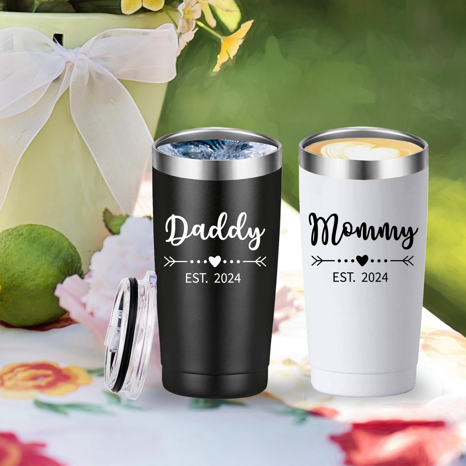 Daddy and Mommy Est 2024 Travel Mug Tumbler.New Parents Pregnancy Gifts.Fathers Day Mothers Day Birthday Christmas Gifts Ideas for New Mom Dad.Parents to Be Baby Shower Gifts(20oz Black&White)