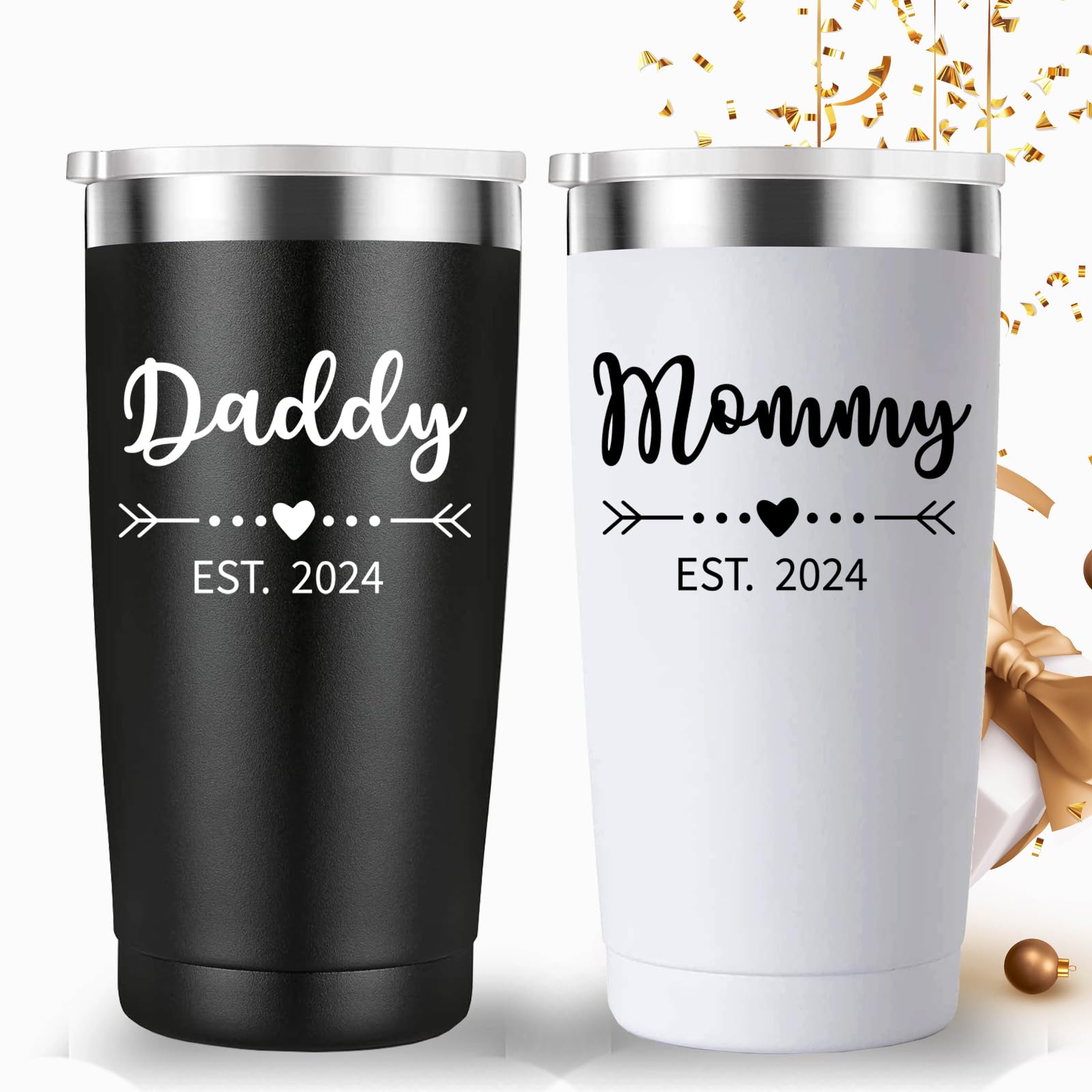 Daddy and Mommy Est 2024 Travel Mug Tumbler.New Parents Pregnancy Gifts.Fathers Day Mothers Day Birthday Christmas Gifts Ideas for New Mom Dad.Parents to Be Baby Shower Gifts(20oz Black&White)