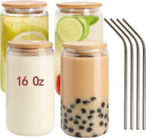 desiyue 4 pcs drinking glasses with bamboo lids and straws - 16oz beer can shaped drinking glasses, iced coffee cups, cute tumbler cup great for soda tea cocktails