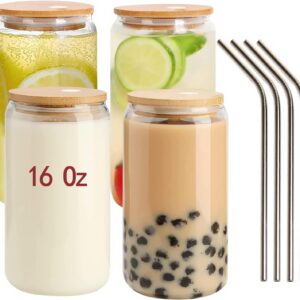 DESIYUE 4 Pcs Drinking Glasses with Bamboo Lids and Straws - 16oz Beer Can Shaped Drinking Glasses, Iced Coffee Cups, Cute Tumbler Cup Great for Soda Tea Cocktails