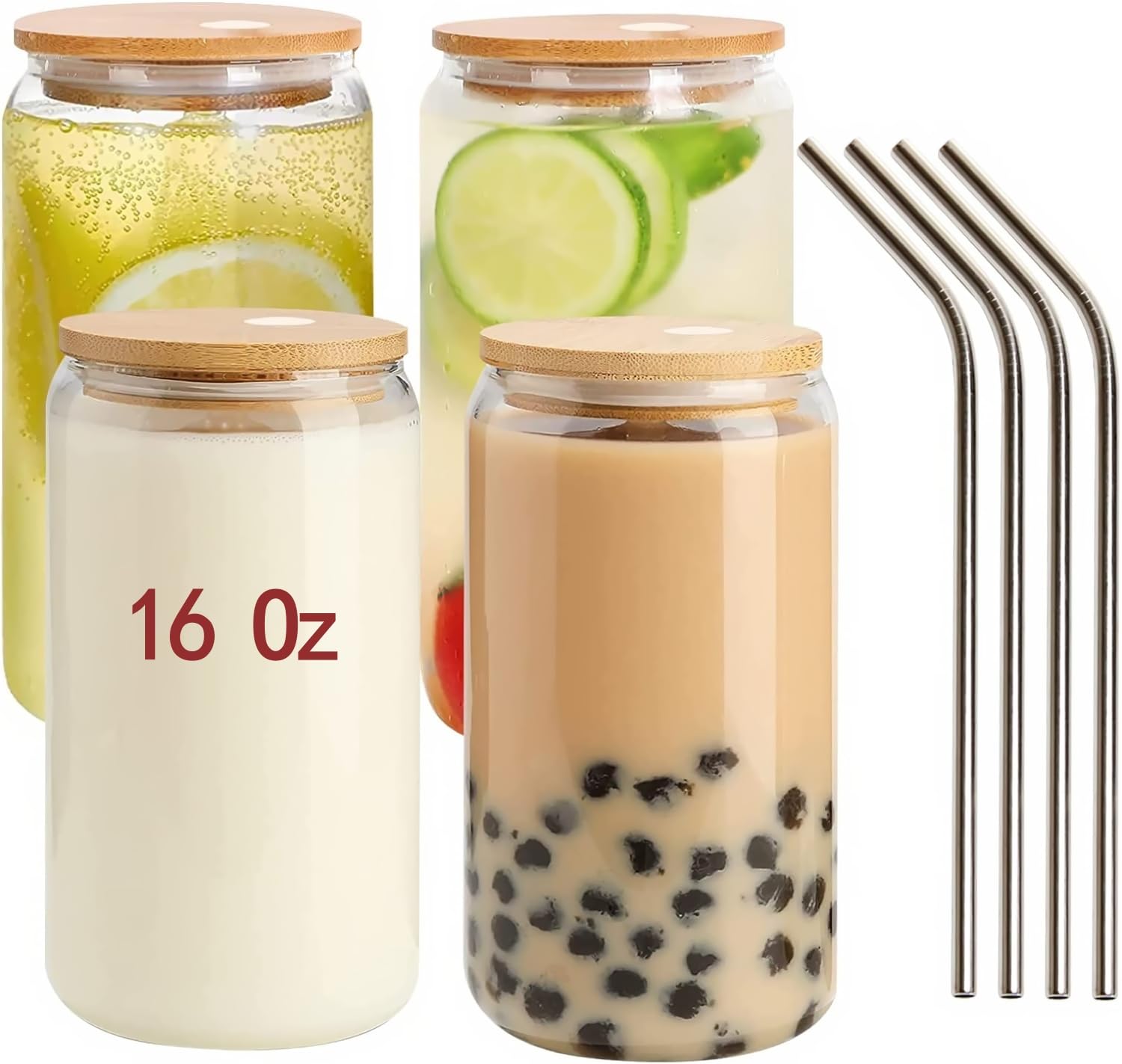 DESIYUE 4 Pcs Drinking Glasses with Bamboo Lids and Straws - 16oz Beer Can Shaped Drinking Glasses, Iced Coffee Cups, Cute Tumbler Cup Great for Soda Tea Cocktails