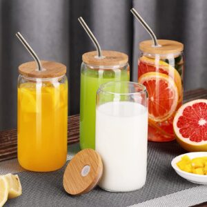 DESIYUE 4 Pcs Drinking Glasses with Bamboo Lids and Straws - 16oz Beer Can Shaped Drinking Glasses, Iced Coffee Cups, Cute Tumbler Cup Great for Soda Tea Cocktails
