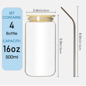 DESIYUE 4 Pcs Drinking Glasses with Bamboo Lids and Straws - 16oz Beer Can Shaped Drinking Glasses, Iced Coffee Cups, Cute Tumbler Cup Great for Soda Tea Cocktails