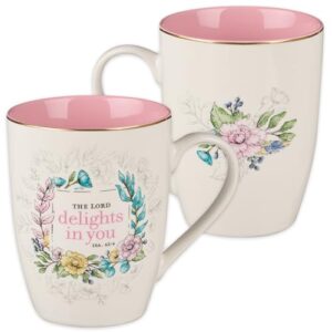 christian art gifts ceramic coffee and tea mug for women 12 oz pink floral inspirational bible verse mug - the lord delights in you - isaiah 62:4 lead and cadmium-free novelty scripture mug