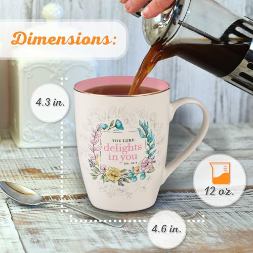 Christian Art Gifts Ceramic Coffee and Tea Mug for Women 12 oz Pink Floral Inspirational Bible Verse Mug - The Lord Delights in You - Isaiah 62:4 Lead and Cadmium-free Novelty Scripture Mug