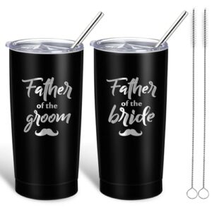 set of 2 mother father of the bride groom tumbler mug stainless steel tumbler with lid and straw brushes bridal shower party travel mug wedding engagement favors (7 inch, simple style for father)
