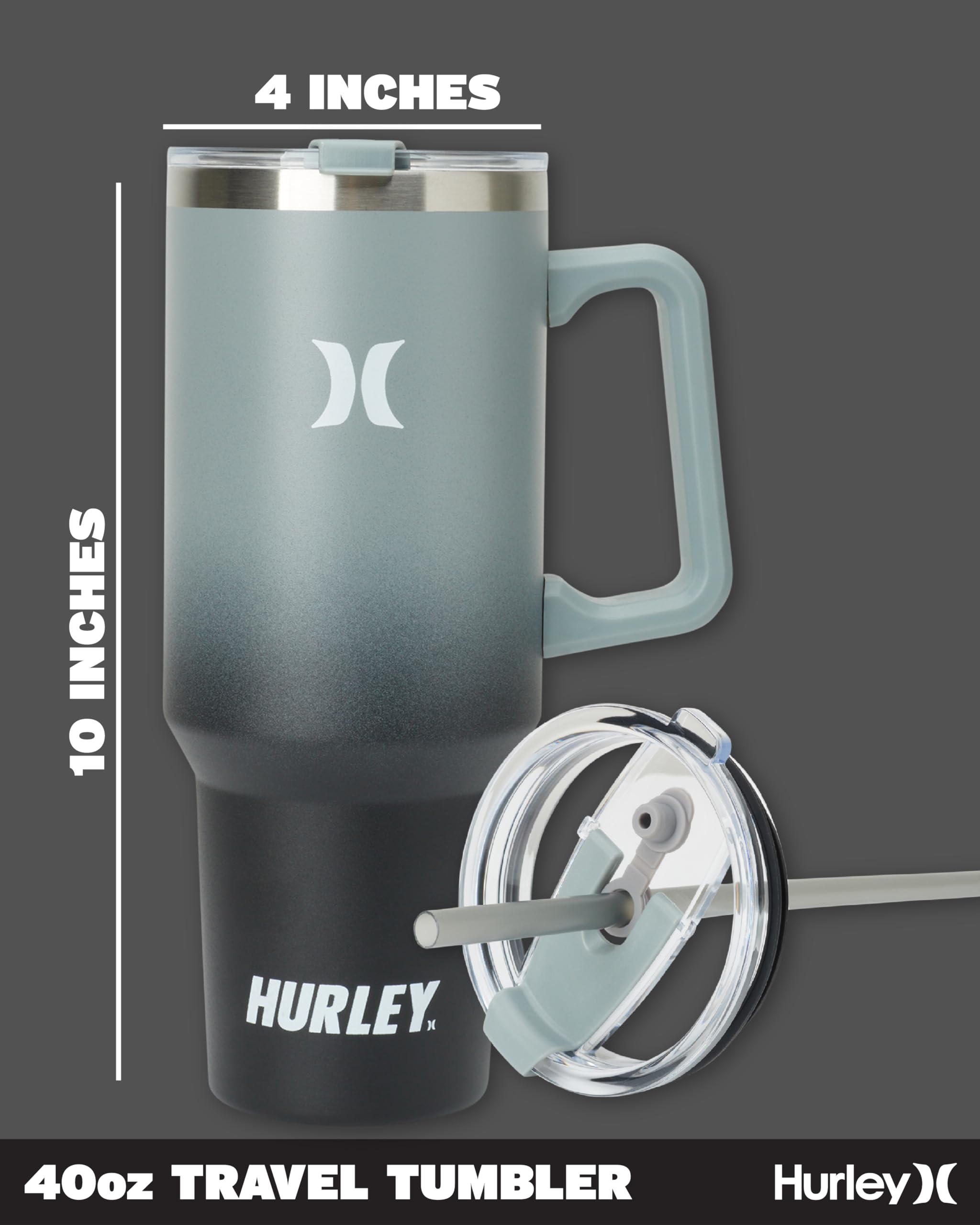 Hurley Tumbler Thermos - 40oz Double Wall Vacuum Insulated Travel Mug with Handle - BPA Free Stainless Steel Water Bottle - Leak Proof Hot and Cold Coffee Car Cup, Size 40 oz, Gradient Charcoal