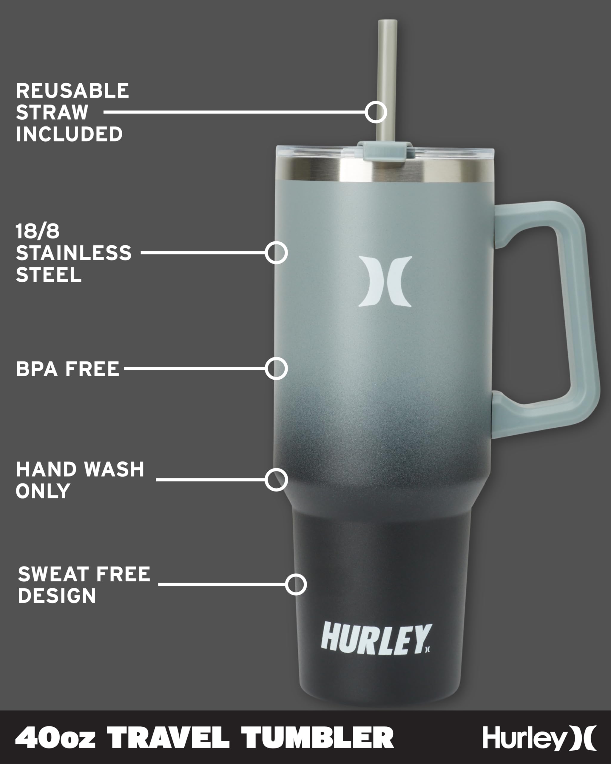 Hurley Tumbler Thermos - 40oz Double Wall Vacuum Insulated Travel Mug with Handle - BPA Free Stainless Steel Water Bottle - Leak Proof Hot and Cold Coffee Car Cup, Size 40 oz, Gradient Charcoal