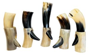 5x viking drinking horn cups | viking gift for men 100% natural norse goblet ale mead beer mug wine with stand 10oz (9"-12")