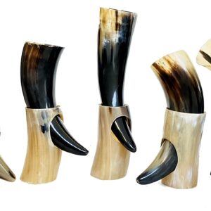 5x Viking Drinking Horn Cups | Viking gift for men 100% Natural Norse Goblet Ale Mead Beer mug Wine with Stand 10oz (9"-12")