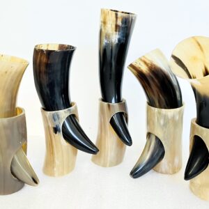 5x Viking Drinking Horn Cups | Viking gift for men 100% Natural Norse Goblet Ale Mead Beer mug Wine with Stand 10oz (9"-12")