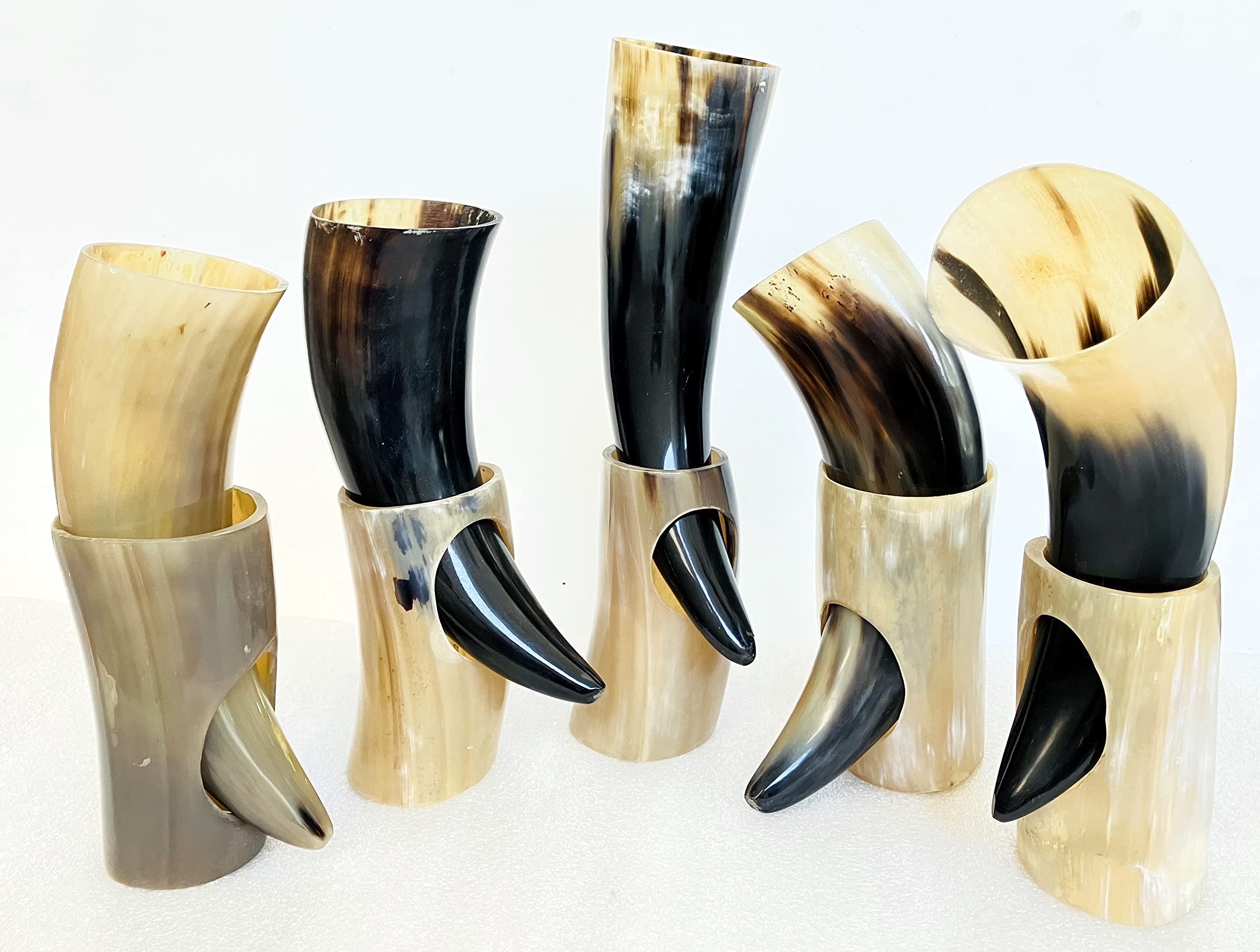 5x Viking Drinking Horn Cups | Viking gift for men 100% Natural Norse Goblet Ale Mead Beer mug Wine with Stand 10oz (9"-12")