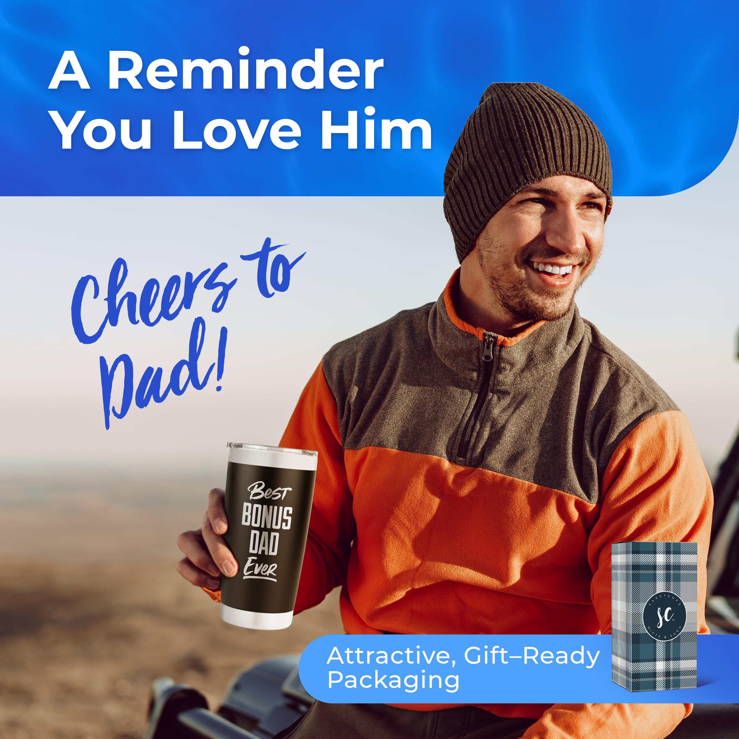 SassyCups Best Bonus Dad Ever Tumbler - Step Dad - Bonus Dad Gifts - Insulated Travel Coffee Mug for Dad