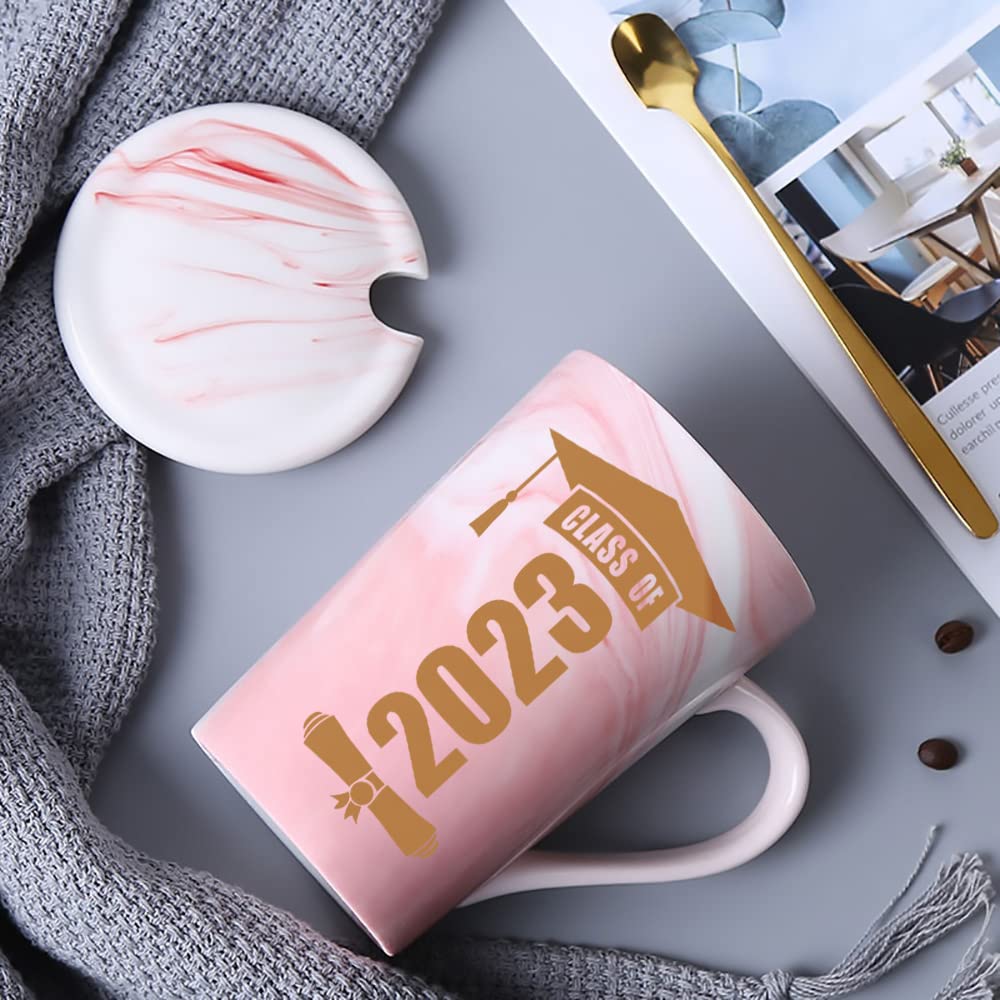 Class of 2023 Graduation Gifts for Her, College High School Graduate Congratulations Presents for Grils Daughter, 14oz Pink Marble Coffee Mug with Lid Spoon, Going Places Compass Bracelet, Gift Box