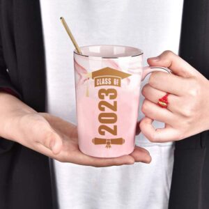 Class of 2023 Graduation Gifts for Her, College High School Graduate Congratulations Presents for Grils Daughter, 14oz Pink Marble Coffee Mug with Lid Spoon, Going Places Compass Bracelet, Gift Box