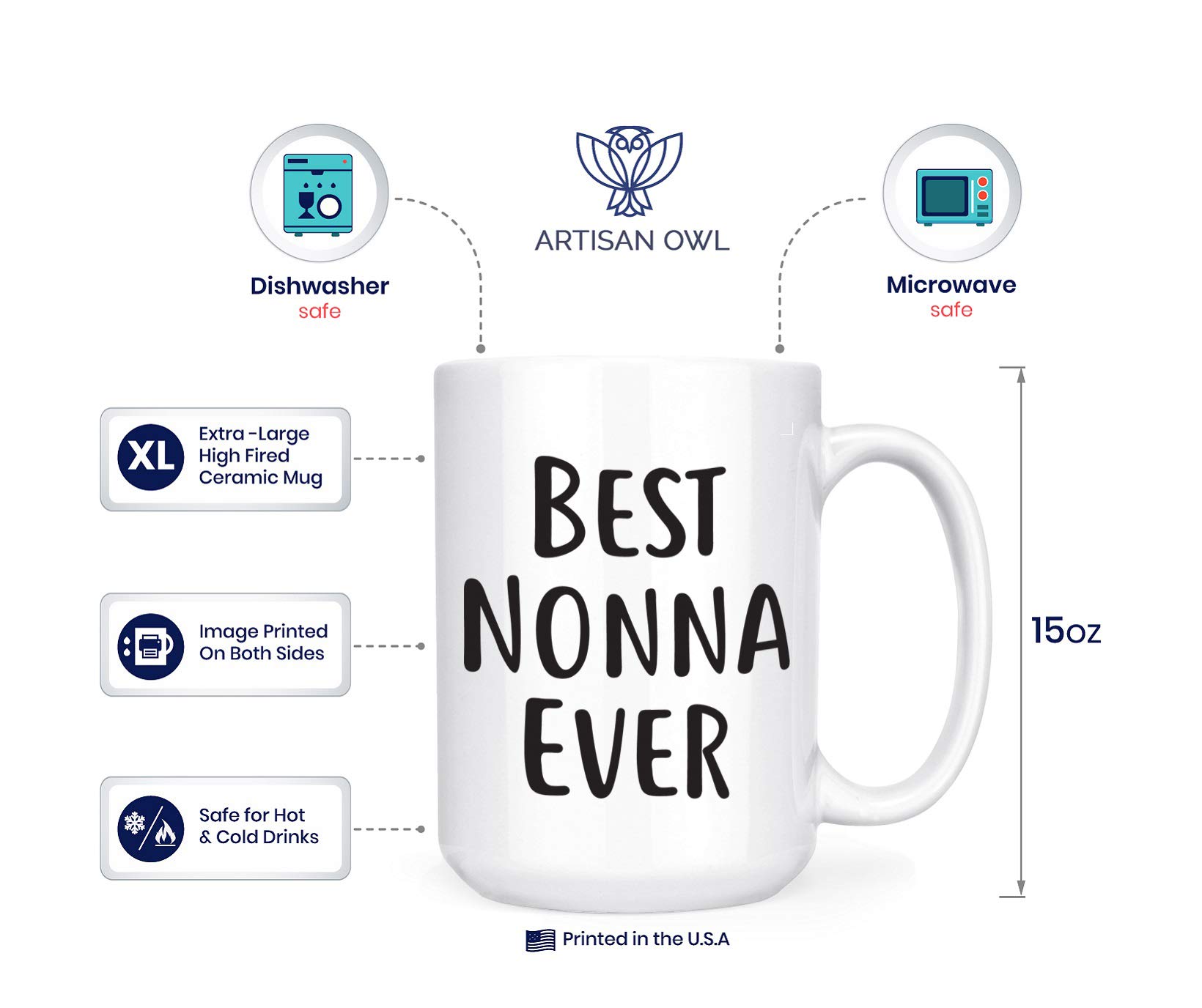 Artisan Owl Best Nonna Ever - 15 oz Double-Sided Coffee Tea Mug (Best Nonna Ever)