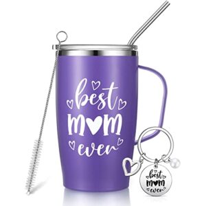 lallisa best mom ever christmas gifts from daughter stainless steel insulated travel tumbler with straw and mother's day keychain 16 oz coffee mug cup mother's day birthday gift set (purple)