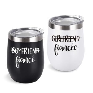 lifecapido boyfriend and girlfriend wine tumbler set, engagement ideas for fiance fiancee friend bachlorette, 12 oz funny couple stainless steel insulated wine tumbler with lid, black and white