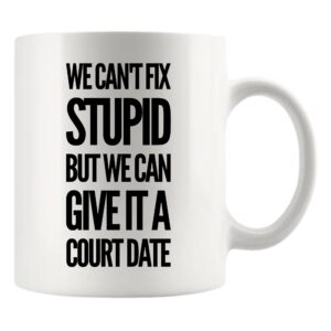 We Can't Fix Stupid But We Can Give It A Court Date Lawyer Law Student Teacher Attorney Ceramic Coffee Mug 11oz White Novelty Drinkware